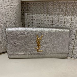 YSL silver clutch with gold YSL